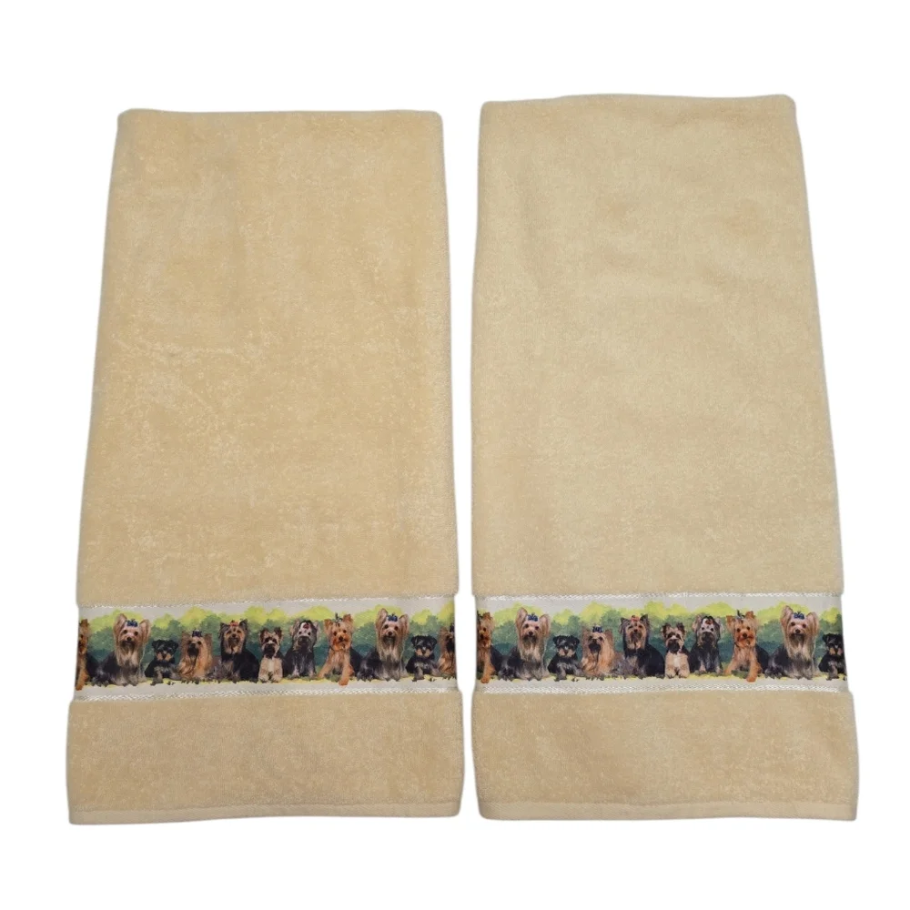 Vtg Danbury Mint Yorkshire Terrier Bath Towels Set of 2 100% Cotton Yorkie Dogs